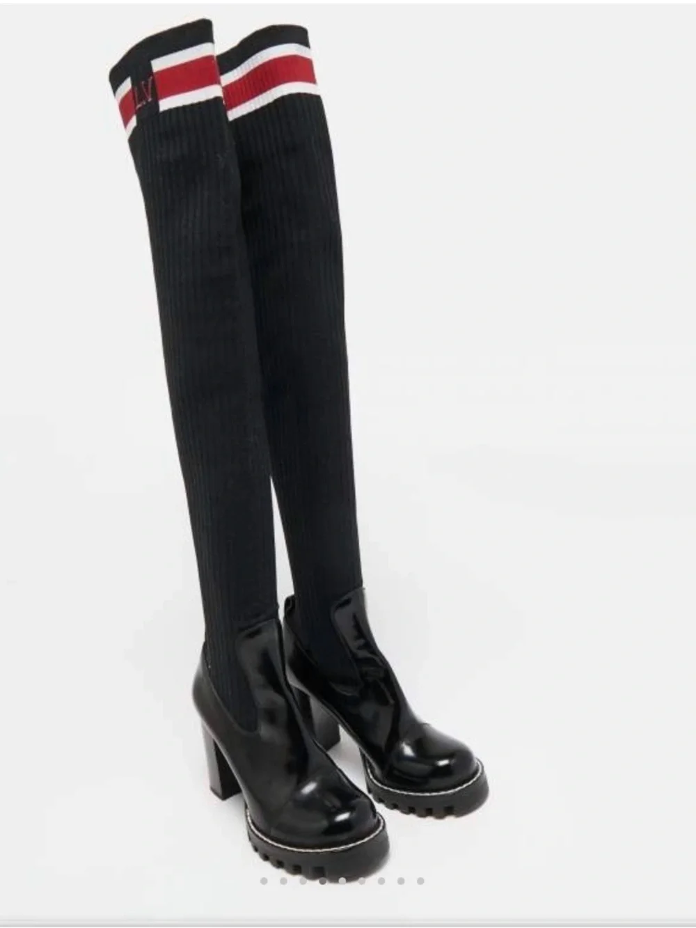 Louis Vuitton Black Over-the-Knee Platform Sock Boots with Red & White Cuff